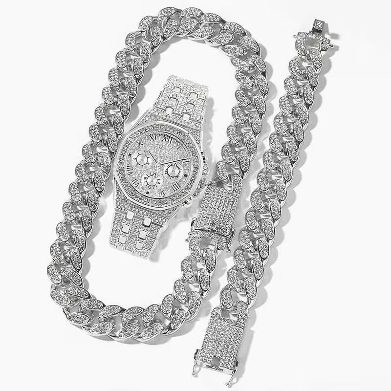 Reloj Hexagonal Plateado+ Cadena + Pulsera