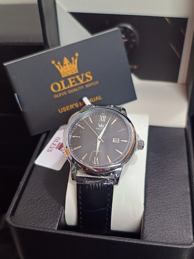 Reloj Olevs Negro Pulso en cuero + Caja de Cuero