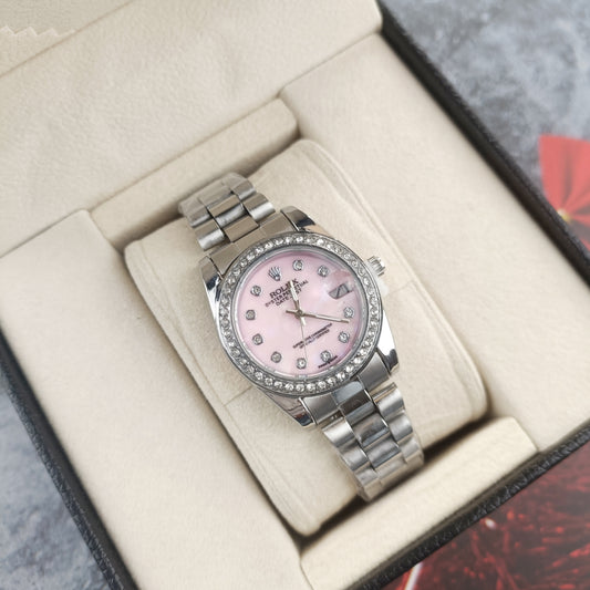 Rolex Femenino Date Just Bisel Perlas Plateado Rosado