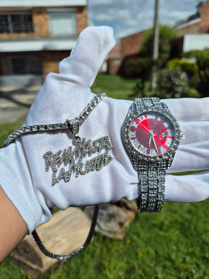 Reloj  Cubano Plateado Rojo + Cadena RHLM Premium