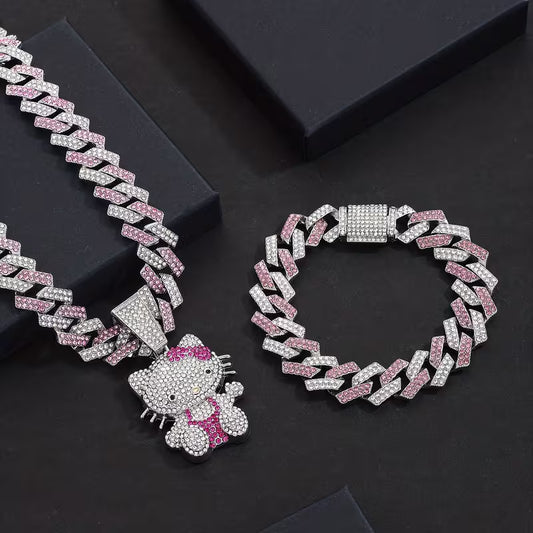 Set Cadena Cubana + Pulsera Cubana+ Dije Hello Kitty