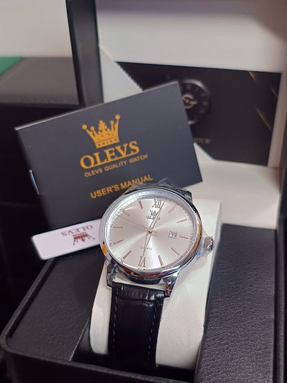 Reloj Olevs Plateado Pulso en cuero + Caja de Cuero Lujo