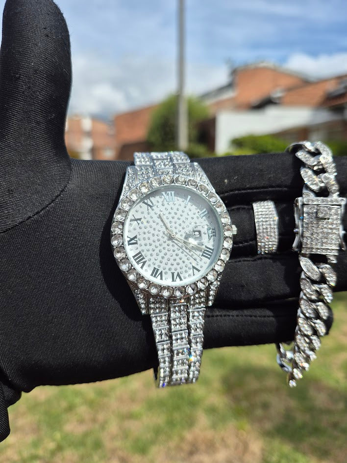Reloj Plateado Blanco + Pulsera Cubana + Anillo