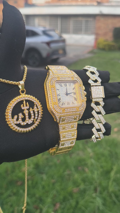 Reloj Cuadrado Dorado + Pulsera + Dije Medalla
