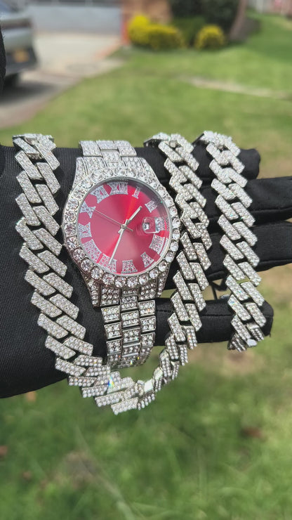 Reloj Cubano Rojo + Cadena 35cm + Pulsera Cubana
