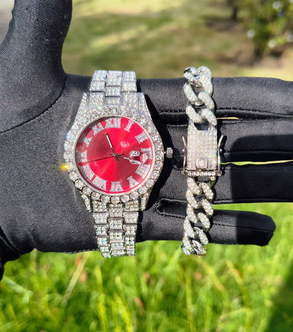 Reloj Plateado con Fondo Rojo + Pulsera Cubana broche de lujo