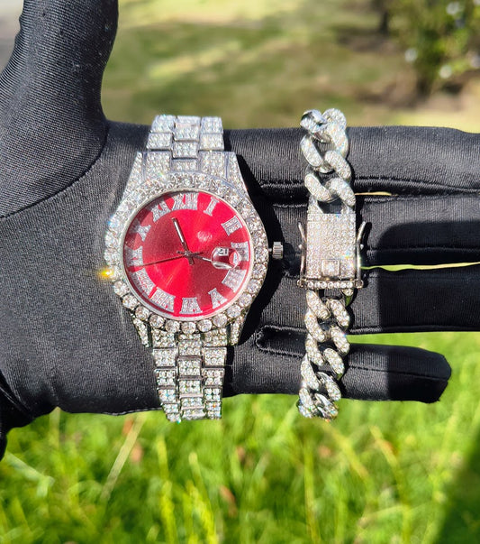 Reloj Plateado con Fondo Rojo + Pulsera Cubana broche de lujo