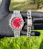 Reloj Plateado con Fondo Rojo + Pulsera Cubana broche de lujo