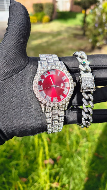 Reloj Plateado con Fondo Rojo + Pulsera Cubana broche de lujo