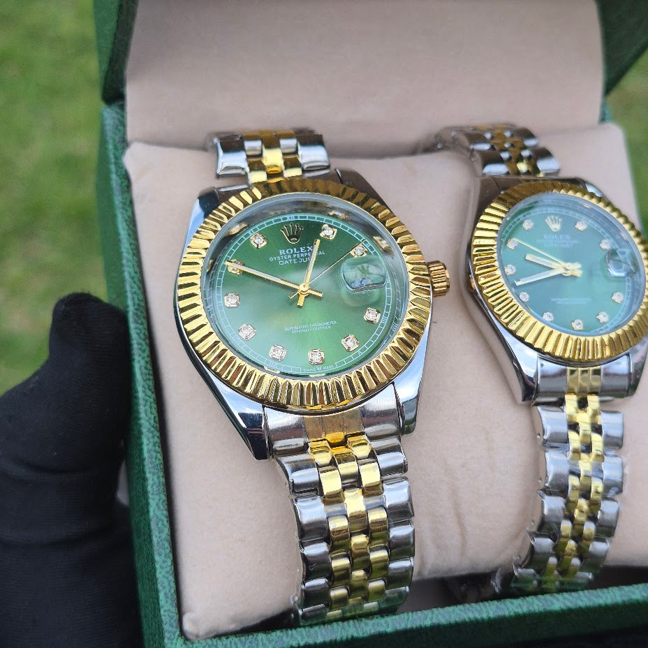 Relojes Rolex Pareja Date Just Imperial Verde + Caja De Lujo GRATIS