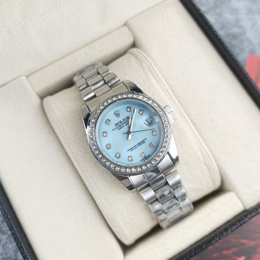 Rolex Femenino Date Just Bisel Perlas Plateado Azul Cielo