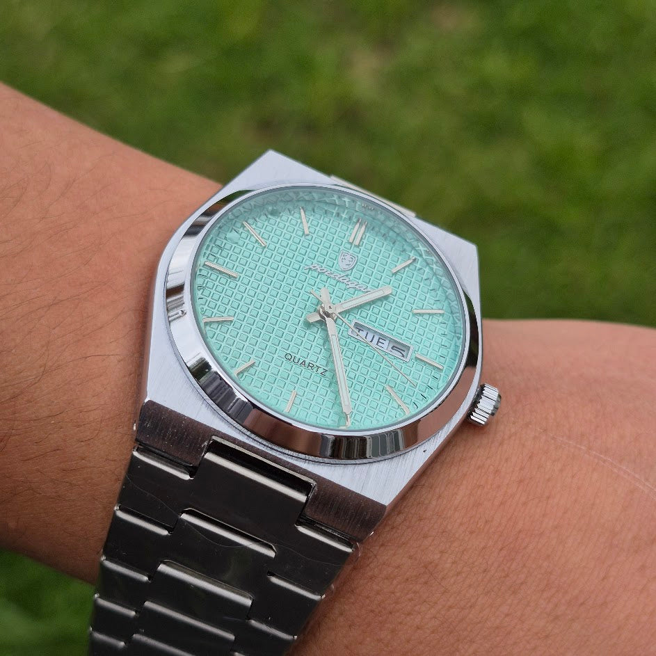 Reloj Poedagar Texturizado Plateado-Agua Marina (Modelo 830)