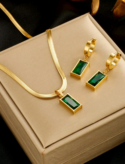 Conjunto Collar + Pendientes Con Cristal Verde