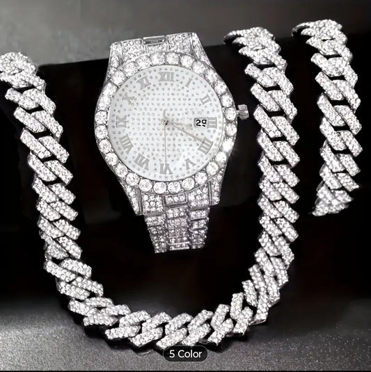 Reloj Cubano Blanco + Cadena 35cm + Pulsera Cubana