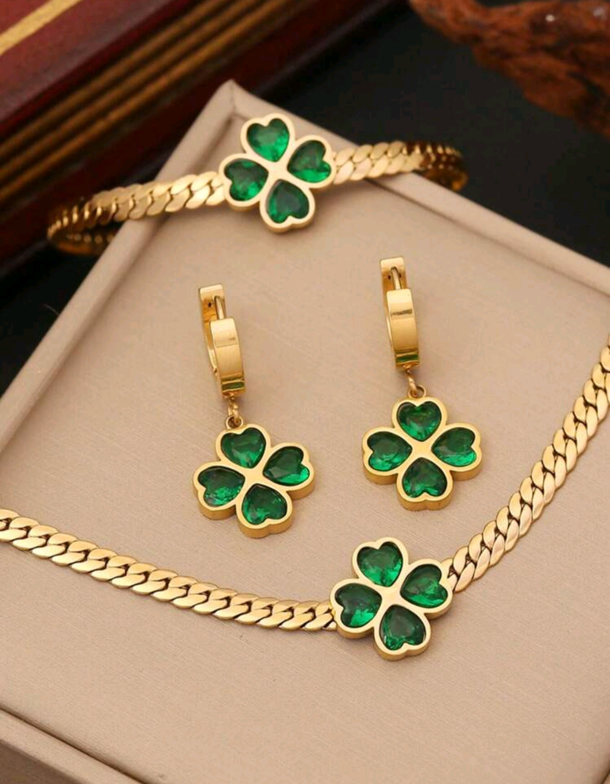 Set Joyería Flor Verde Acero inoxidable