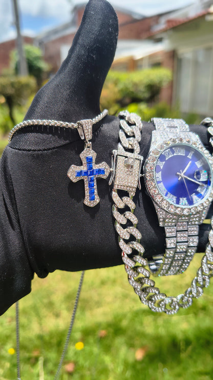 Reloj Plateado Azul + Cadena Cubana + Pulsera Cubana + Dije Cruz Gratis