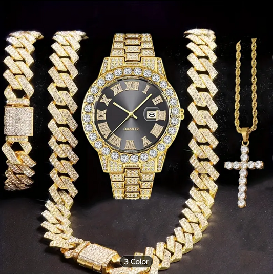 Reloj Cubano (Dorado/Negro) + Cadena + Pulsera + Dije Cruz GRATIS