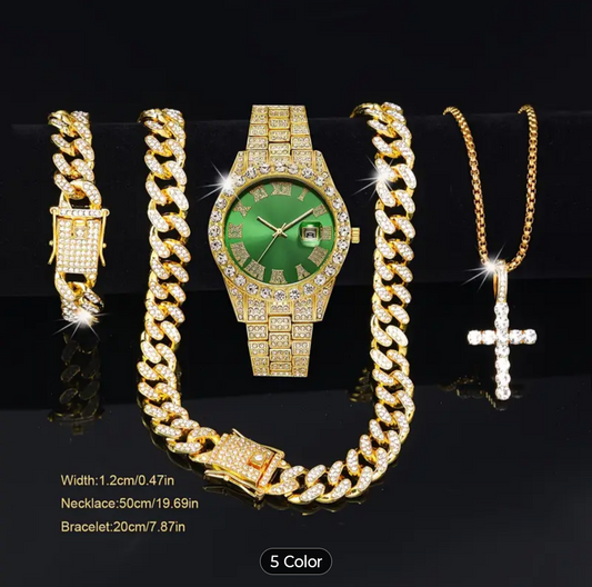 Reloj Cubano Verde + Cadena + Pulsera + Dije Cruz GRATIS