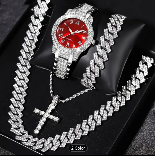 Reloj Cubano Rojo Femenino + Cadena + Pulsera+ Dije