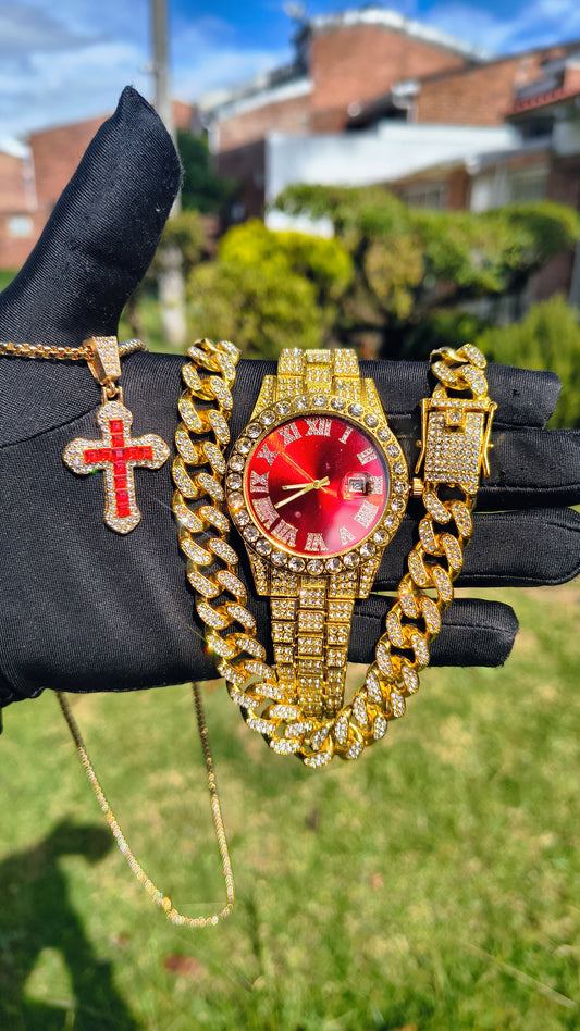 Reloj Dorado Rojo + Cadena Cubana + Dije Cruz