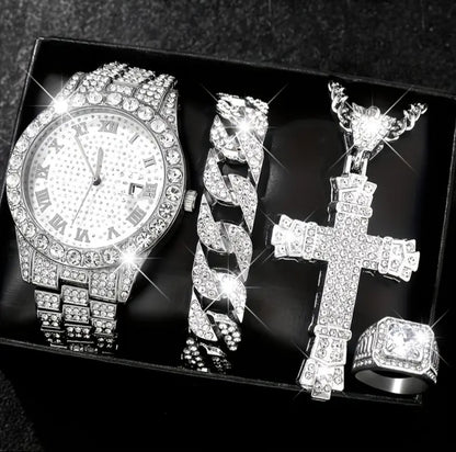 Reloj Cubano Plateado + Pulsera Cubana + Dije Cruz + Anillo GRATIS