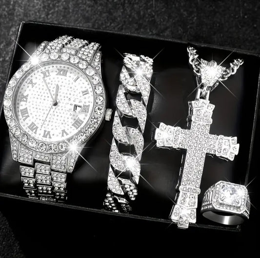 Reloj Cubano Plateado + Pulsera Cubana + Dije Cruz + Anillo GRATIS