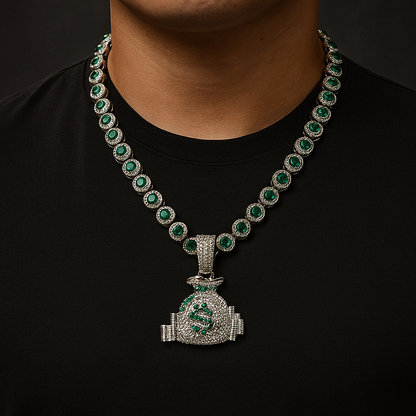 Cadena Perlas Verdes + Dije Bolsa Dinero Premium