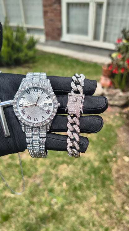 Reloj Plateado + Pulsera Cubana+ Collar Cruz