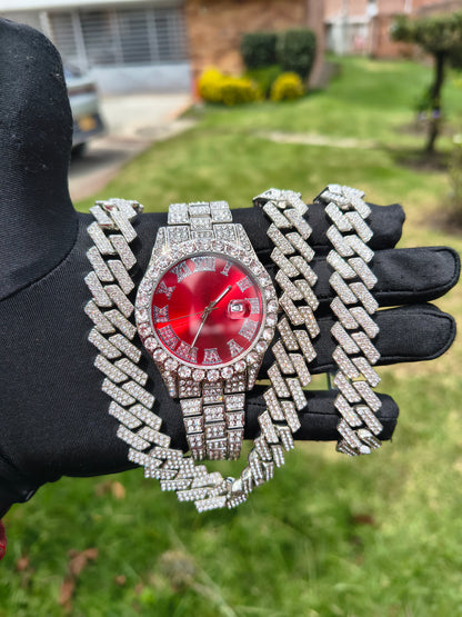 Reloj Cubano Rojo + Cadena 35cm + Pulsera Cubana