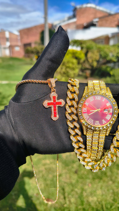 Reloj Dorado Rojo + Cadena Cubana + Dije Cruz