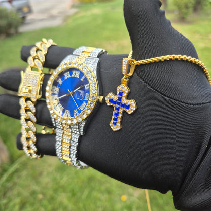 Reloj Imperial Azul + Pulsera Cubana + Dije Cubano