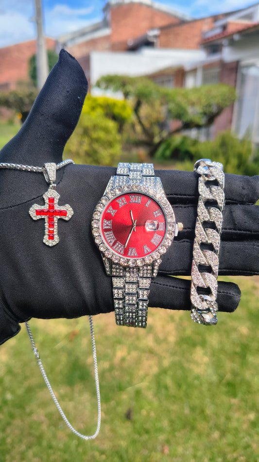 Reloj Plateado con Fondo Rojo + Pulsera Cubana + Dije Cubano