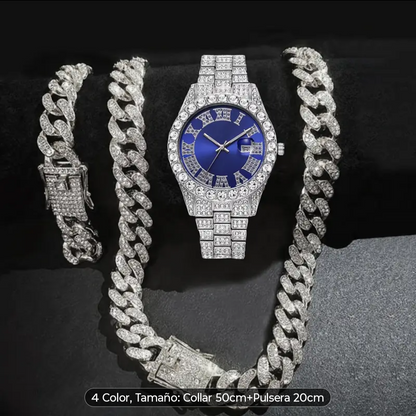Reloj Plateado Azul + Cadena Cubana + Pulsera Cubana