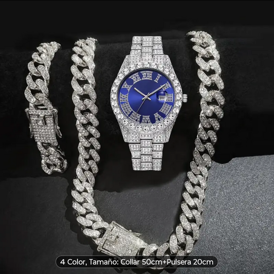 Reloj Plateado Azul + Cadena Cubana + Pulsera Cubana