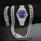 Reloj Plateado Azul + Cadena Cubana + Pulsera Cubana