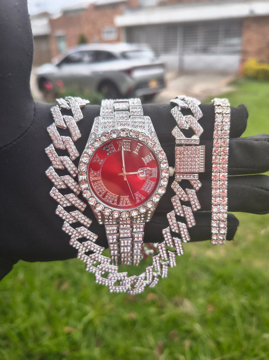 Reloj Cubano Rojo + Cadena 50cm + Pulsera Ajustable