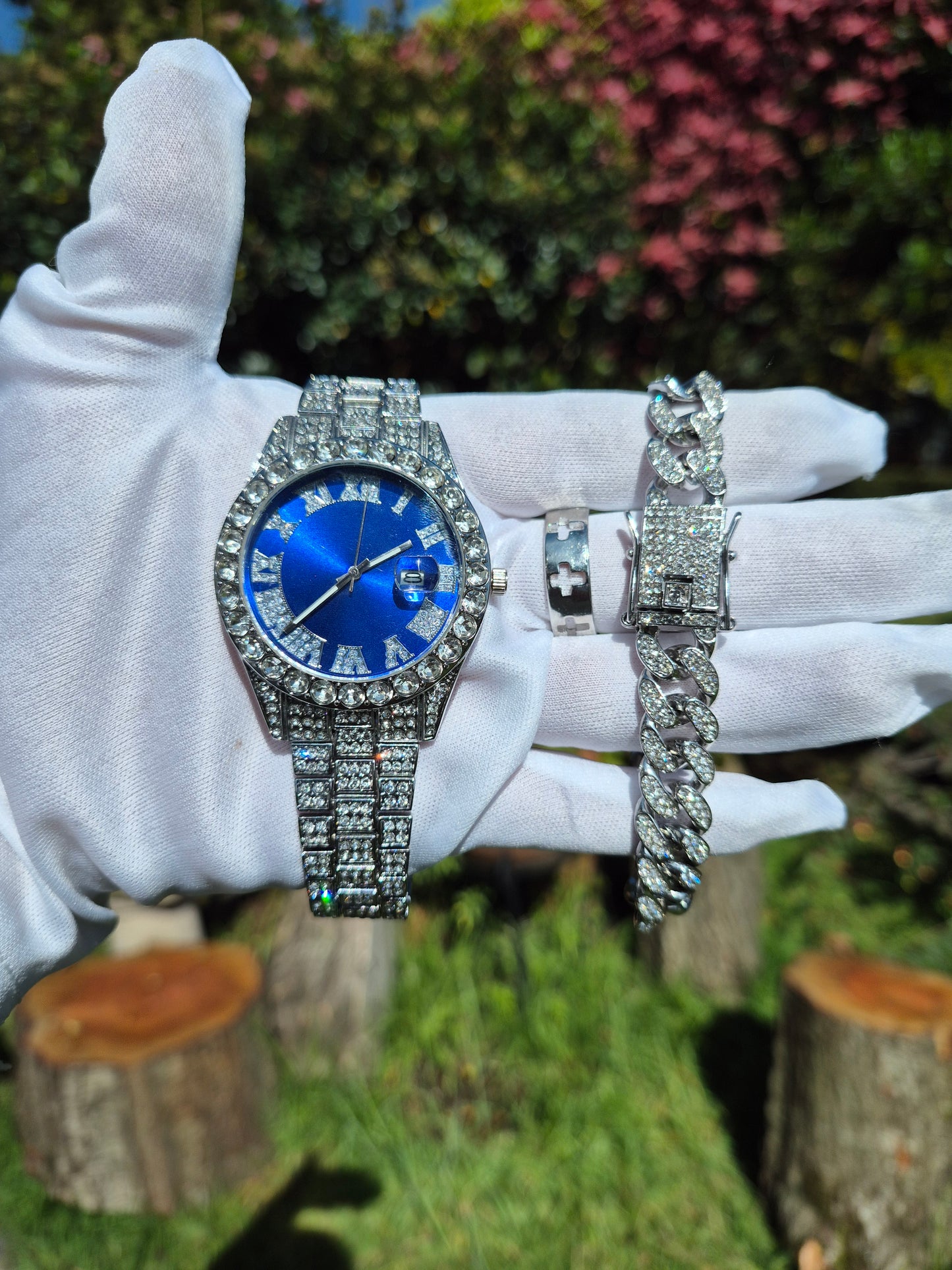 Reloj Plateado Azul + Pulsera Cubana + Anillo Diseño Cruz
