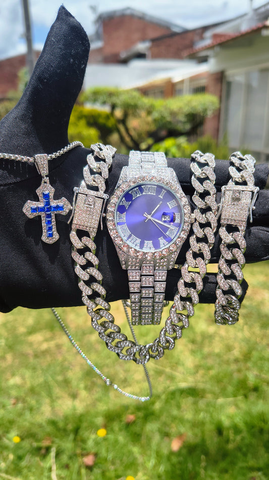 Reloj Plateado Azul + Cadena Cubana + Pulsera Cubana + Dije Cruz Gratis