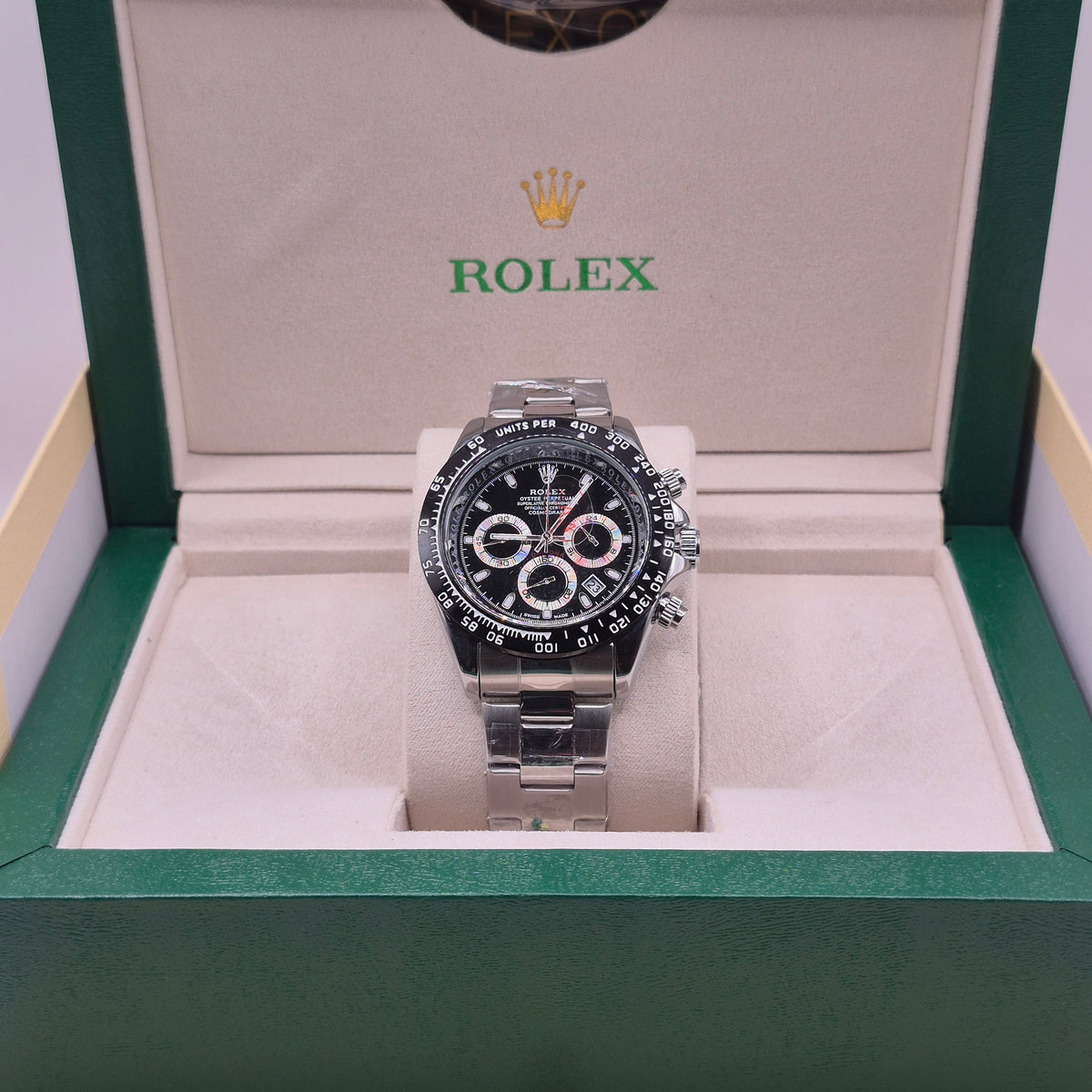 Rolex Daytona Semiautomático Tapa Transparente Full Silver Dial Negro