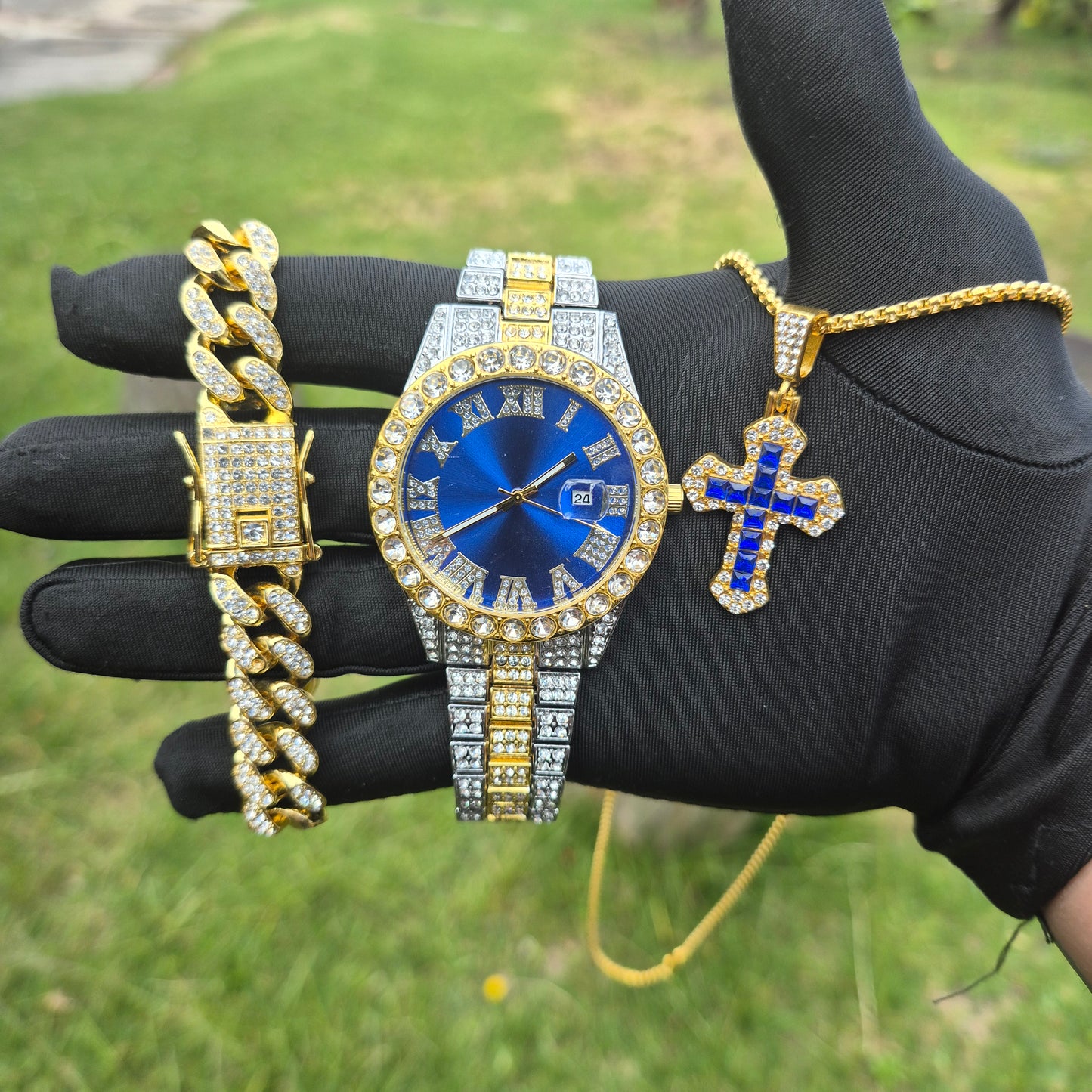 Reloj Imperial Azul + Pulsera Cubana + Dije Cubano