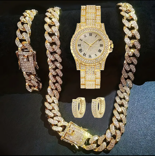Reloj Cubano Dorado + Cadena + Pulsera + Par Pendientes GRATIS