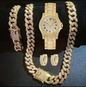 Reloj Cubano Dorado + Cadena + Pulsera + Par Pendientes GRATIS