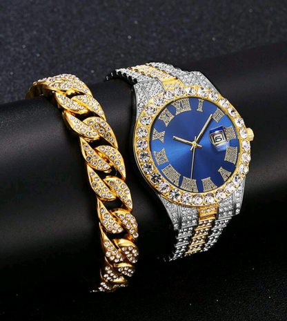 Reloj Imperial Azul + Cadena Cubana + Pulsera Cubana + Dije Gratis