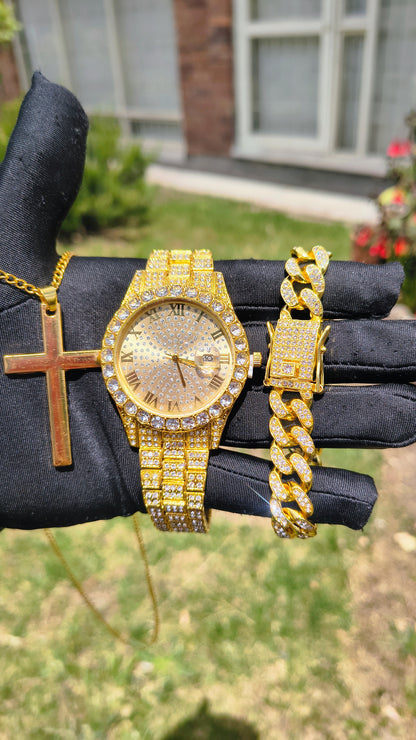 Reloj Dorado + Pulsera Cubana+ Collar Cruz