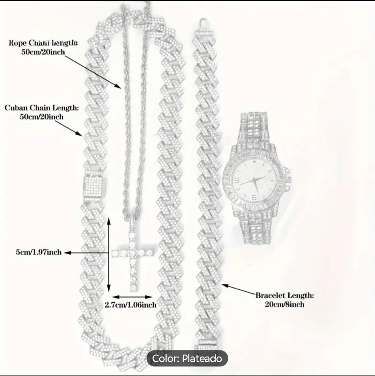 Reloj Cubano Plateado + Cadena + Pulsera + Dije Cruz