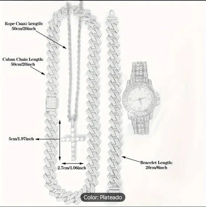 Reloj Cubano Plateado + Cadena + Pulsera + Dije Cruz