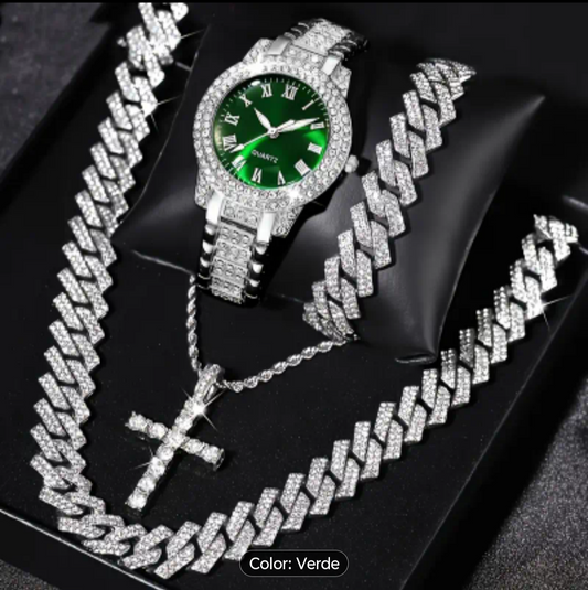 Reloj Cubano Verde Femenino + Cadena + Pulsera+ Dije