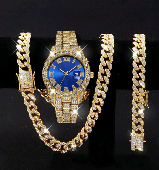 Reloj Dorado Azul + Cadena Cubana + Pulsera Cubana