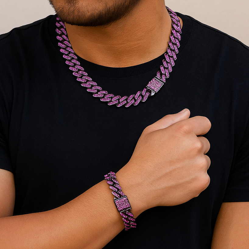 Cadena + Pulsera Tipo Caja Morada Premium