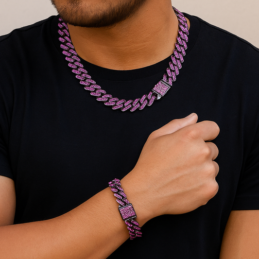 Cadena + Pulsera Tipo Caja Morada Premium